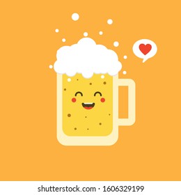 beer flat design vector illustration. vector cartoon cute and kawaii beer glass character with foam isolated on color background. vector beer comic label or poster design template. 