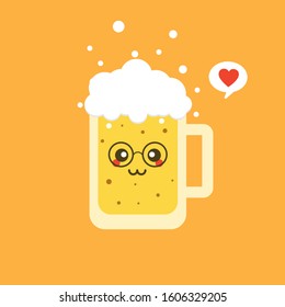 beer flat design vector illustration. vector cartoon cute and kawaii beer glass character with foam isolated on color background. vector beer comic label or poster design template. 