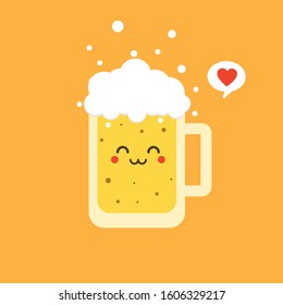 beer flat design vector illustration. vector cartoon cute and kawaii beer glass character with foam isolated on color background. vector beer comic label or poster design template. 