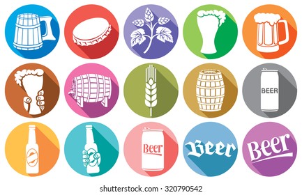 beer flat icons collection (hops leaf, wooden barrel, glass, can, mug, bottle)