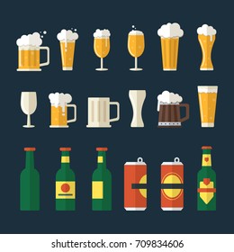 Beer flat icons set. Includes bottles, mugs, beer glasses 