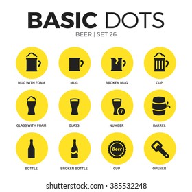 Beer flat icons set with mug form, glass form and cup form isolated vector illustration on white