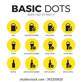 Beer flat icons set with mug form, glass form, bottle form isolated vector illustration on white