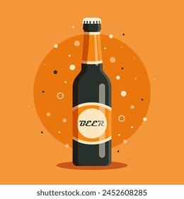Beer flat illustration. Stylized bottle on orange background. Logo creating and branding design.