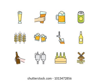 Beer flat line colored icons set with pilsner glass, can, wheat, mugs toasting, tap pouring beer, bottle, manufacturing, box, windmill.