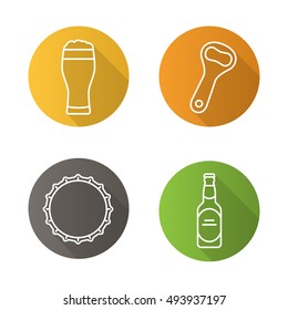 Beer flat linear long shadow icons set. Beer bottle, opener, cap and full foamy glass. Vector line symbols