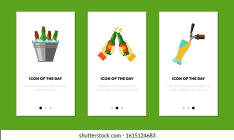 Beer flat vector icon set. Cold beer in ice bucket, hands clinking beer bottles, pouring isolated outline sign pack. Alcohol drink concept. Vector illustration symbol elements for web design and apps.