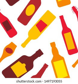 Beer flat vector seamless pattern. Different bottles: whisky, wine, beer, cognac. Hand drawn style cafe menu, banner, cookbook page. Wrapping paper, wallpaper, textile design