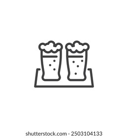 Icono de línea de vuelo de cerveza. signo de estilo lineal para el concepto móvil y el Diseño web. Bandeja de madera con vasos de cerveza icono de Vector de contorno. Símbolo, ilustración del logotipo. Gráficos de Vector