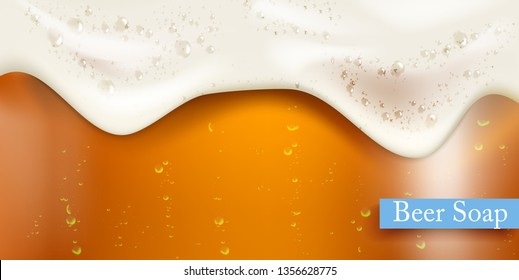 Beer with flowing foam and bubbles background. Vector poster template of realistic craft beer .