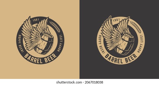 Beer fly barrel with wings for bar. Original brew design with craft beer fly keg with wings for pab or brewery