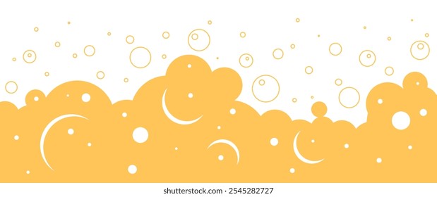 Beer foam background, alcohol bubble texture, suds outline and flat design, german drink patter. Cartoon yellow liquid wave frame, abstract bar border. Golden vector illustration