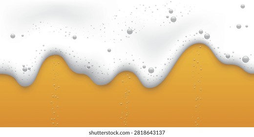 Beer foam background. Mug or bottle of beer with white textured foam with bubbles. Water foam on sand beach. Realistic vector illustration .