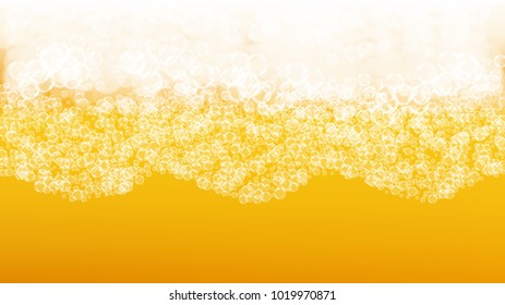 Beer foam background with realistic bubbles.  Cool beverage for restaurant menu design, banners and flyers.  Yellow horizontal beer foam background. Fresh cup of lager for brewery design.