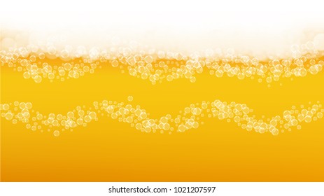 Beer foam background with realistic bubbles.  Cool beverage for restaurant menu design, banners and flyers.  Yellow horizontal beer foam background. Fresh cup of lager for brewery design.