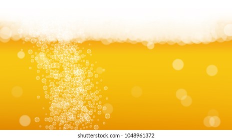 Beer foam background with realistic bubbles.  Cool liquid drink for pub and bar menu design, banners and flyers.  Yellow horizontal beer foam background. Fresh cup of lager for brewery design.