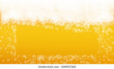 Beer foam background with realistic bubbles.  Cool beverage for restaurant menu design, banners and flyers.  Yellow horizontal beer foam background. Cold pint of golden lager or ale.