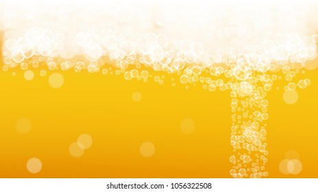 Beer foam background with realistic bubbles.  Cool beverage for restaurant menu design, banners and flyers.  Yellow horizontal beer foam background. Fresh cup of lager for brewery design.
