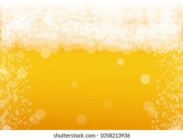 Beer foam background with realistic bubbles.  Cool beverage for restaurant menu design, banners and flyers.  Yellow horizontal beer foam background. Cold pint of golden lager or ale.