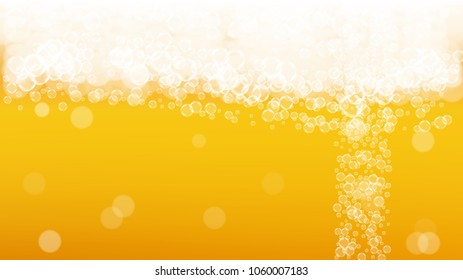 Beer foam background with realistic bubbles.  Cool liquid drink for pub and bar menu design, banners and flyers.  Yellow horizontal beer foam background. Fresh cup of lager for brewery design.