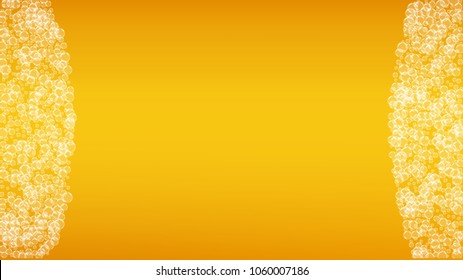 Beer foam background with realistic bubbles.  Cool beverage for restaurant menu design, banners and flyers.  Yellow horizontal beer foam background. Cold glass of ale for brewery design.