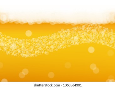 Beer foam background with realistic bubbles.  Cool liquid drink for pub and bar menu design, banners and flyers.  Yellow horizontal beer foam background. Cold pint of golden lager or ale.