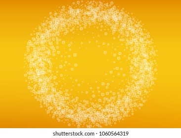 Beer foam background with realistic bubbles.  Cool liquid drink for pub and bar menu design, banners and flyers.  Yellow horizontal beer foam background. Fresh cup of lager for brewery design.