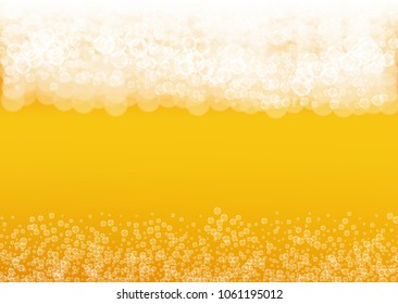 Beer foam background with realistic bubbles.  Cool liquid drink for pub and bar menu design, banners and flyers.  Yellow horizontal beer foam background. Cold pint of golden lager or ale.