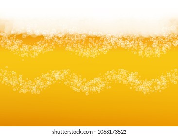 Beer foam background with realistic bubbles.  Cool liquid drink for pub and bar menu design, banners and flyers.  Yellow horizontal beer foam background. Cold pint of golden lager or ale.