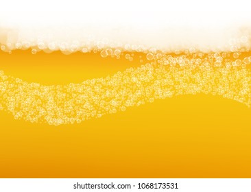 Beer foam background with realistic bubbles.  Cool beverage for restaurant menu design, banners and flyers.  Yellow horizontal beer foam background. Cold glass of ale for brewery design.