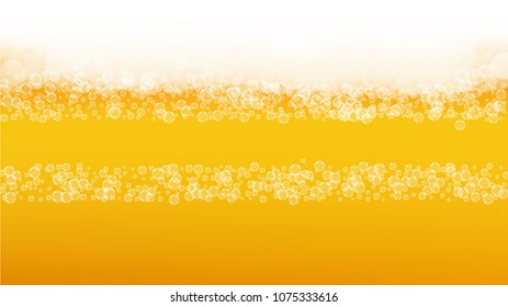 Beer foam background with realistic bubbles.  Cool beverage for restaurant menu design, banners and flyers.  Yellow horizontal beer foam background. Cold pint of golden lager or ale.