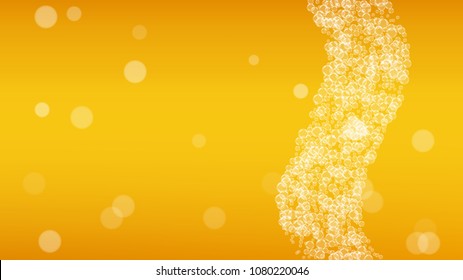 Beer foam background with realistic bubbles.  Cool beverage for restaurant menu design, banners and flyers.  Yellow horizontal beer foam background. Fresh cup of lager for brewery design.