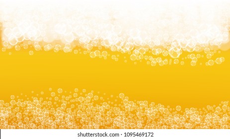 Beer foam background with realistic bubbles.  Cool liquid drink for pub and bar menu design, banners and flyers.  Yellow horizontal beer foam background. Cold pint of golden lager or ale.