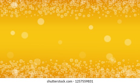 Beer foam background with realistic bubbles.  Cool beverage for restaurant menu design, banners and flyers.  Yellow horizontal beer foam background. Cold glass of ale for brewery design.