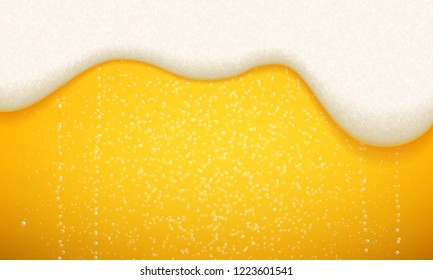 Beer foam and bubbles background. Vector realistic craft beer with flowing foam and bubbles texture