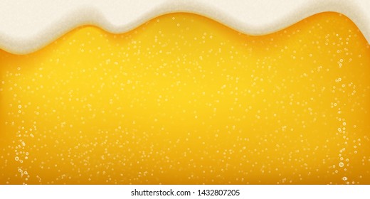 Beer foam and bubbles background. Vector realistic craft beer with flowing foam and bubbles texture