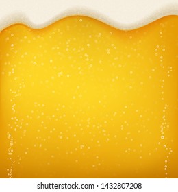 Beer foam and bubbles background. Vector realistic craft beer with flowing foam and bubbles texture