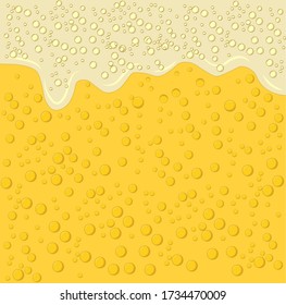 Beer foam and bubbles background. Vector poster template of seamless realistic craft beer with flowing foam and bubbles. Hops and malt. Light alcoholic beverage for relaxation.