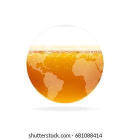 Beer with foam, bubbles in glass globe. Vector illustration for international beer day.