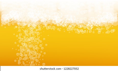 Beer foam. Craft lager splash. Oktoberfest background. Fresh pint of ale with realistic white bubbles. Cool liquid drink for pub flyer concept. Gold jug with beer foam.