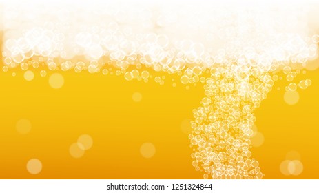 Beer foam. Craft lager splash. Oktoberfest background. Bavarian pint of ale with realistic white bubbles. Cool liquid drink for bar menu design. Orange jug with beer foam.