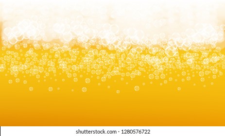 Beer foam. Craft lager splash. Oktoberfest background. Fresh pint of ale with realistic white bubbles. Cool liquid drink for pub banner layout. Gold bottle with beer foam.