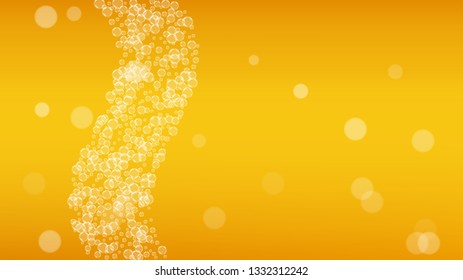 Beer foam. Craft lager splash. Oktoberfest background. pab menu concept. Pale pint of ale with realistic white bubbles. Cool liquid drink for Gold bottle with beer foam.