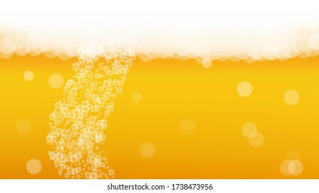 Beer foam. Craft lager splash. Oktoberfest background. Froth pint of ale with realistic white bubbles. Cool liquid drink for restaurant banner concept. Yellow bottle with beer foam.