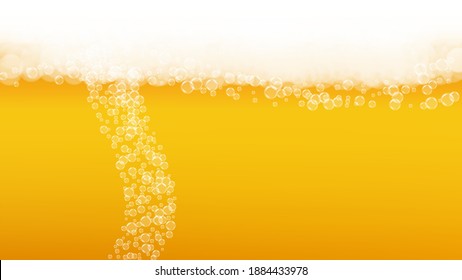 Beer foam. Craft lager splash. Oktoberfest background. restaurant flyer layout. Bavarian pint of ale with realistic white bubbles. Cool liquid drink for Yellow jug with beer foam.