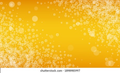 Beer foam. Craft lager splash. Oktoberfest background. restaurant banner concept. Hipster pint of ale with realistic white bubbles. Cool liquid drink for Gold bottle with beer foam.