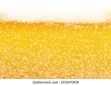 Beer Foam. Craft Lager Splash. Oktoberfest Background. Cold Pint Of Ale With Realistic White Bubbles. Cool Liquid Drink For Pub Menu Layout. Gold Cup With Beer Foam.