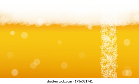 Beer foam. Craft lager splash. Oktoberfest background. Bubbly pint of ale with realistic white bubbles. Cool liquid drink for pub flyer design. Orange mug with beer foam.