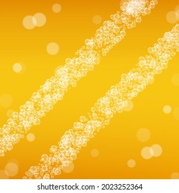 Beer foam. Craft lager splash. Oktoberfest background. Golden flyer template. Cold pint of ale with realistic bubbles. Cool liquid drink for bar. Gold mug for oktoberfest foam.