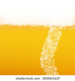 Beer foam. Craft lager splash. Oktoberfest background. Pour pint of ale with realistic bubbles. Cool liquid drink for pab. Yellow flyer design. Gold mug for beer background.